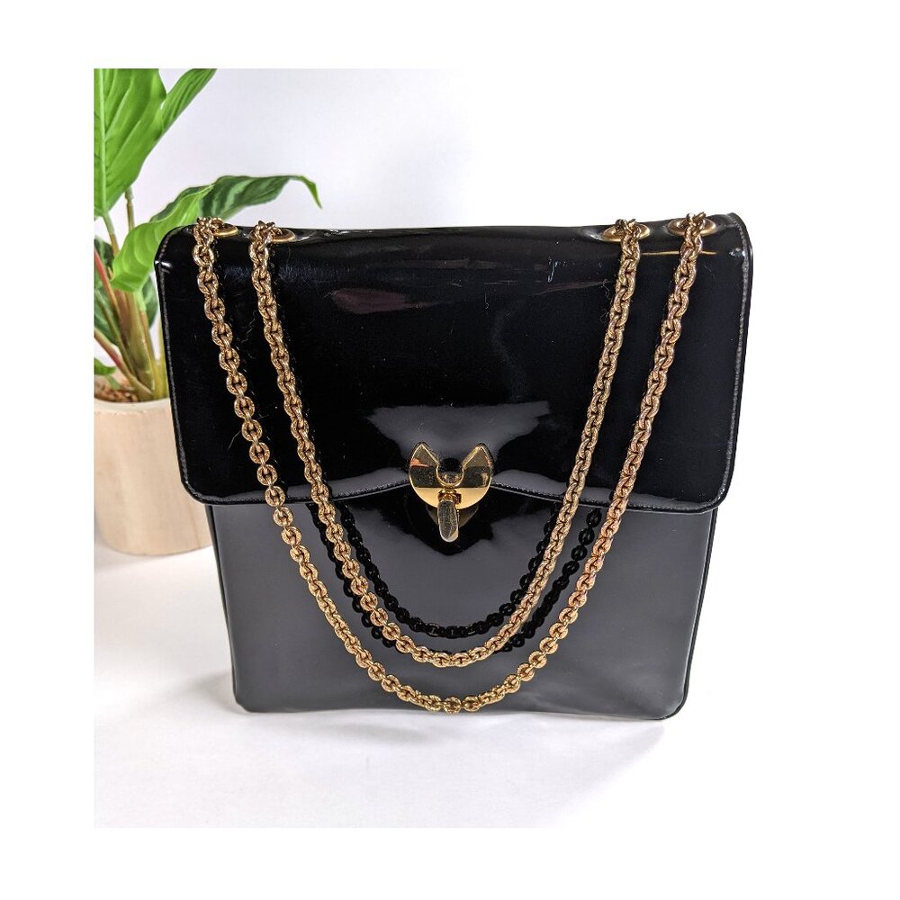 Vintage Prestige shoulder bag purse patent black w/ gold details and chain strap